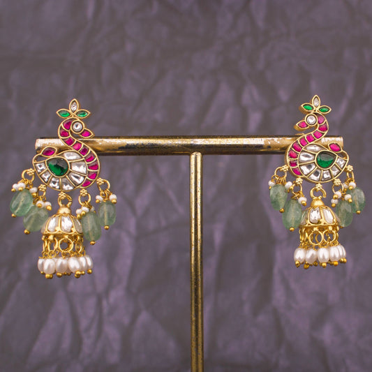 Designer Peacock Jadau Kundan Stud Jhumka Earrings With Pearl Drops