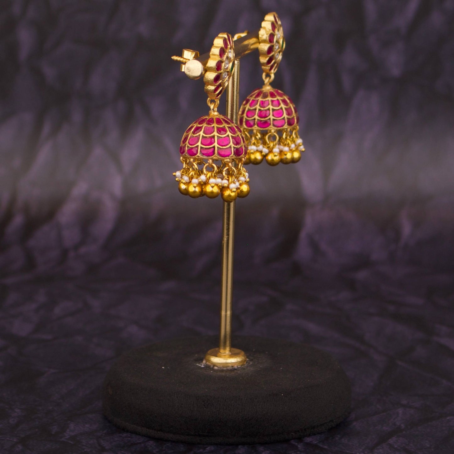 Gold Inspired Jadau Kundan Jhumki With Gold Beads As Hangings