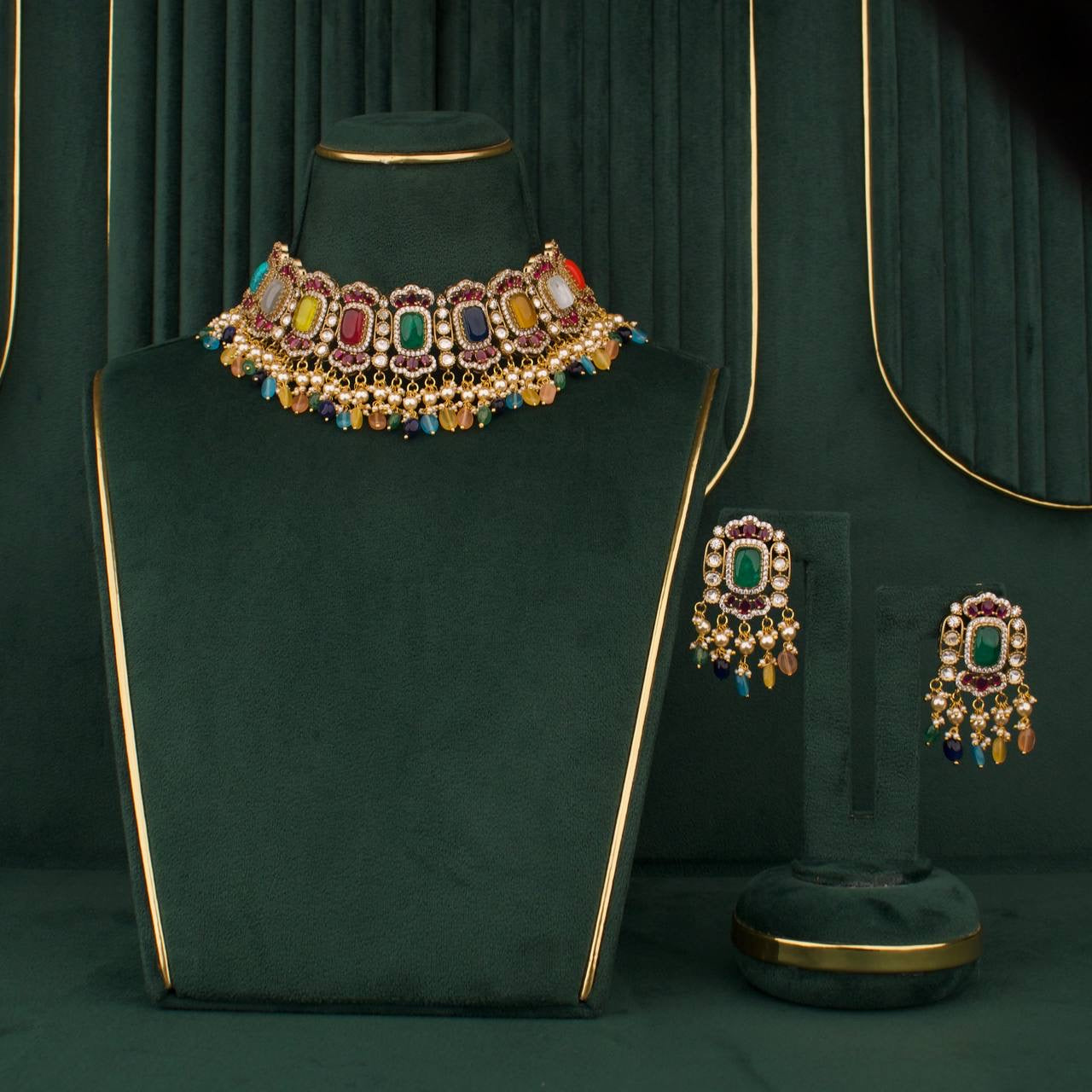 Designer Victorian Polki Fusion Chokers With Matching Earrings