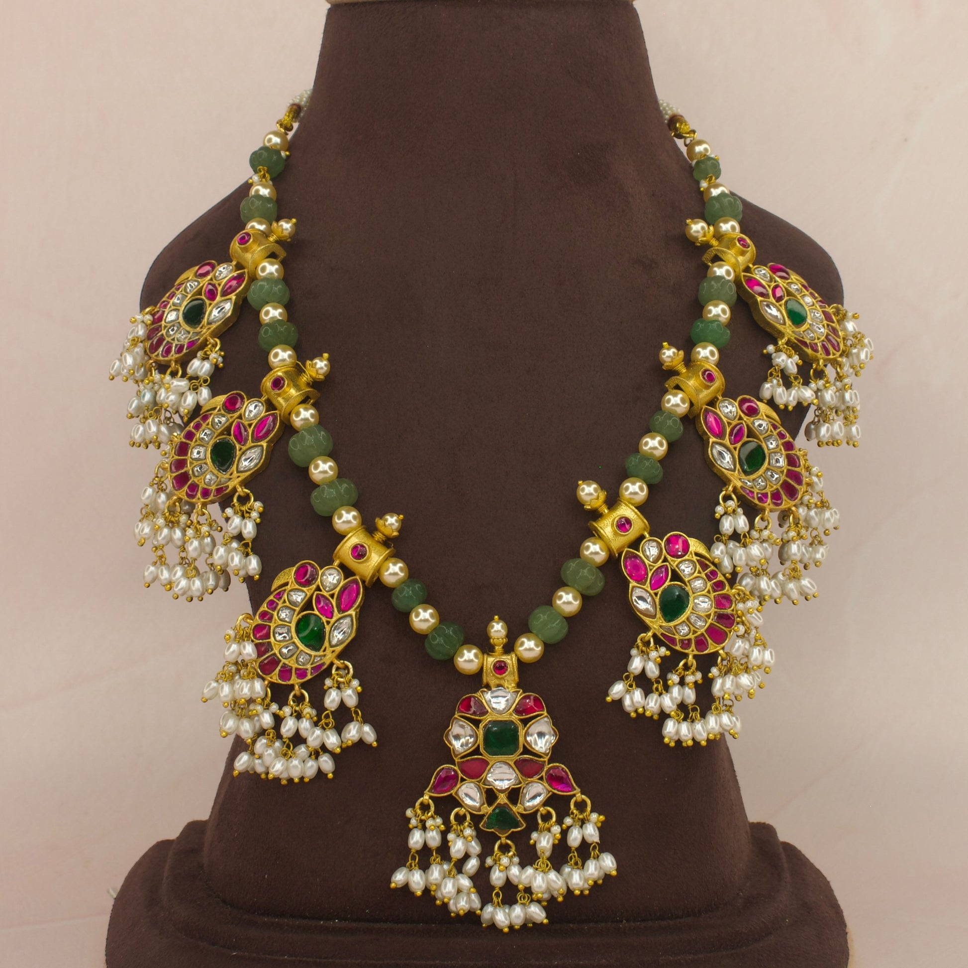 Green beads and pearl jadau kundan necklace with 22k gold plating