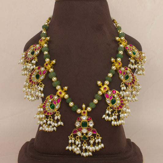 Green beads and pearl jadau kundan necklace with 22k gold plating