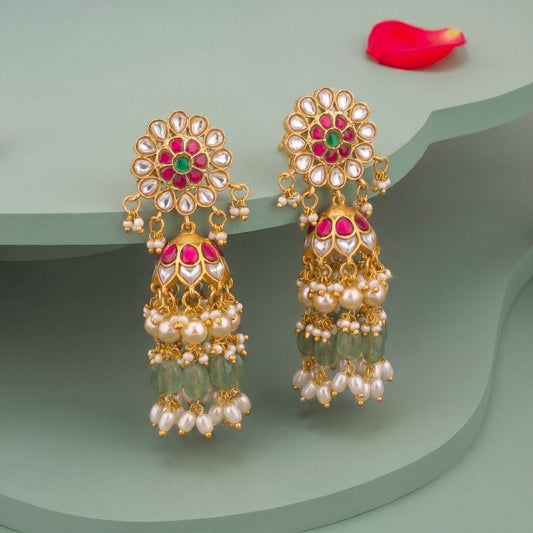 Phool Design Jadau Kundan Jhumka Earrings With Emerald Beads And Pearls