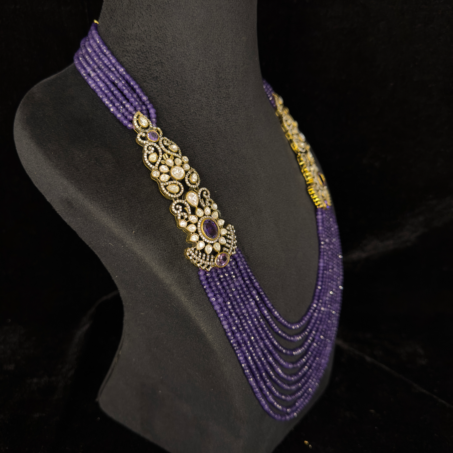 Opulent Victorian Finish Polki Beads Mala with screw-back earrings