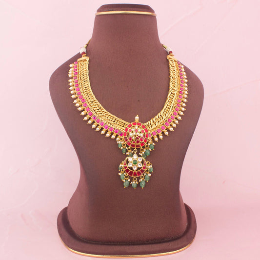 Traditional Jalebi Jadau Kundan Necklace With Emerald Beads - Handcrafted Indian Bridal Jewelry by Dulhan Jewels