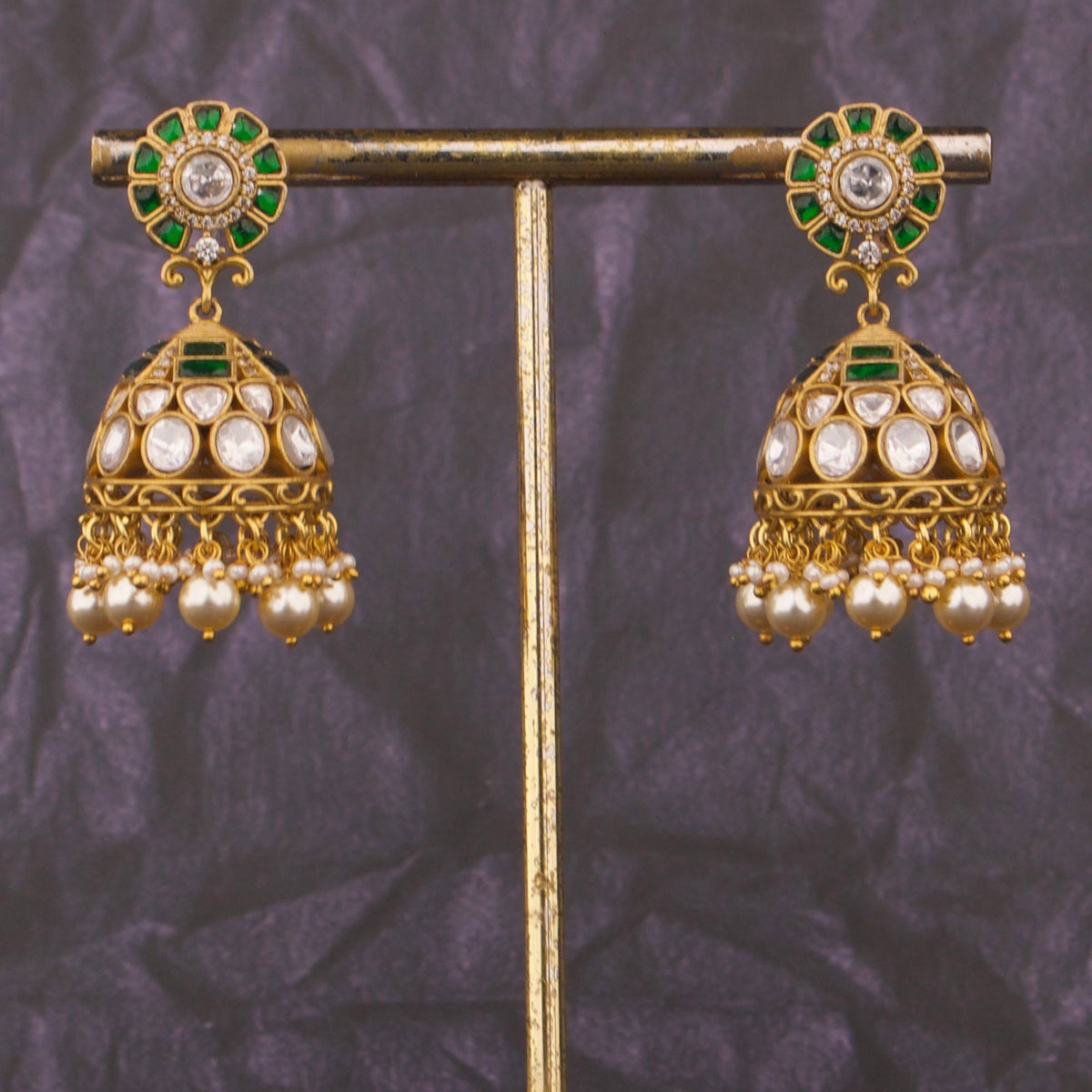 Emerald Fusion Polki x Jadau Kundan Jhumki Earrings - Handcrafted Indian Bridal Jewelry by Dulhan Jewels