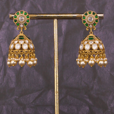 Emerald Fusion Polki x Jadau Kundan Jhumki Earrings - Handcrafted Indian Bridal Jewelry by Dulhan Jewels