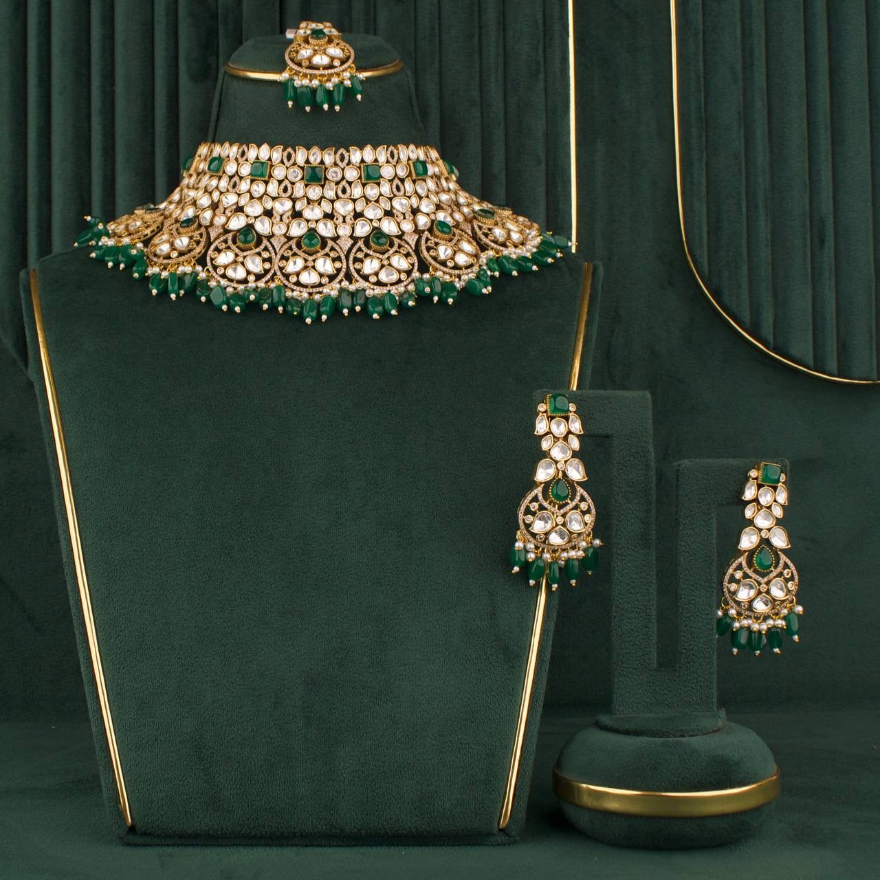 Grand Polki Choker Necklace Set With Matching Earrings & Maangtika