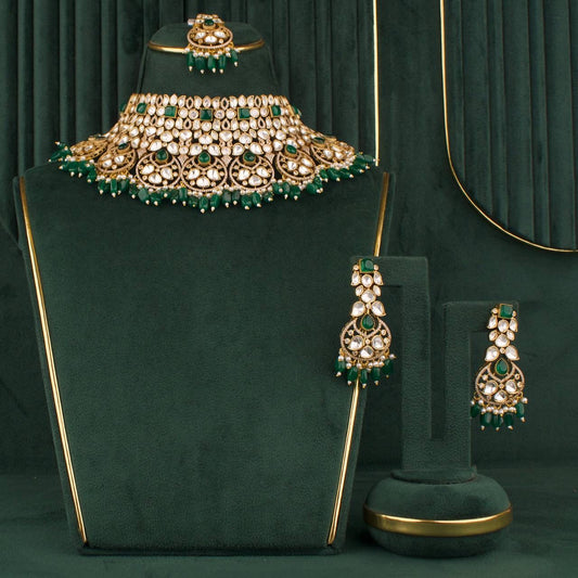 Grand Polki Choker Necklace Set With Matching Earrings & Maangtika