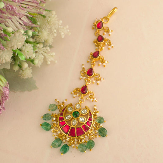 Floral Chandbali Design Jadau Kundan Long Maangtika