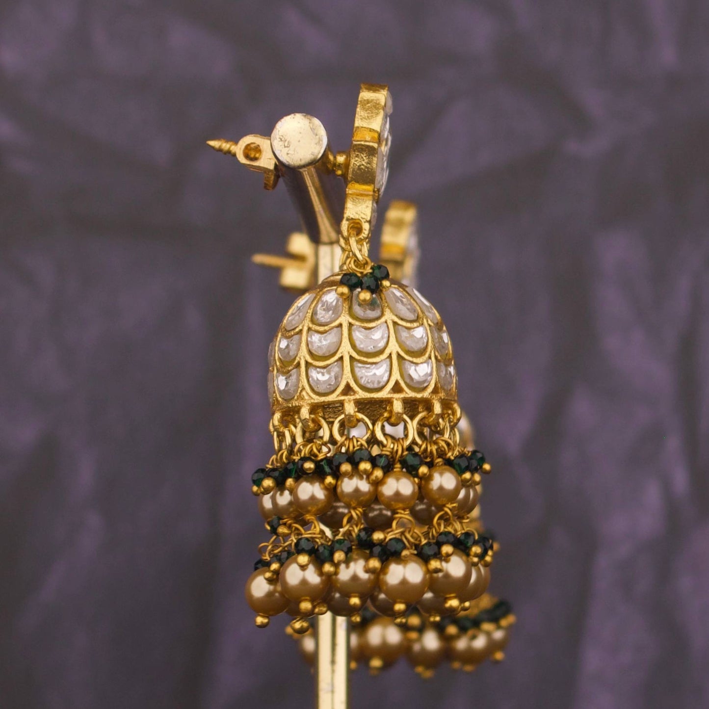 Gold Style Lotus Design Studded Jadau Kundan Jhumki - Alternate View 1