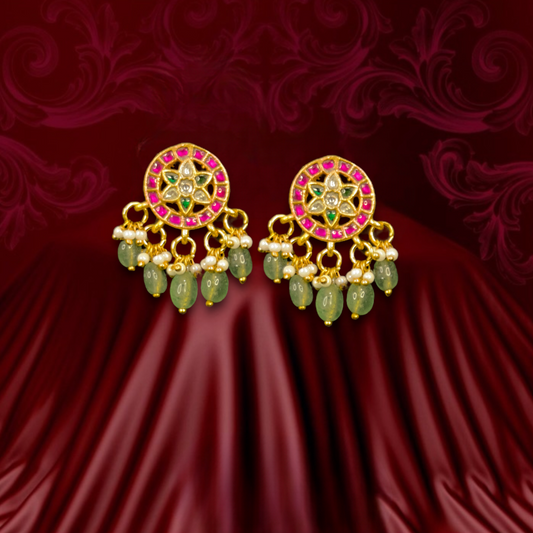Radiant Jadau Kundan Studs with Vibrant Green Bead Drops