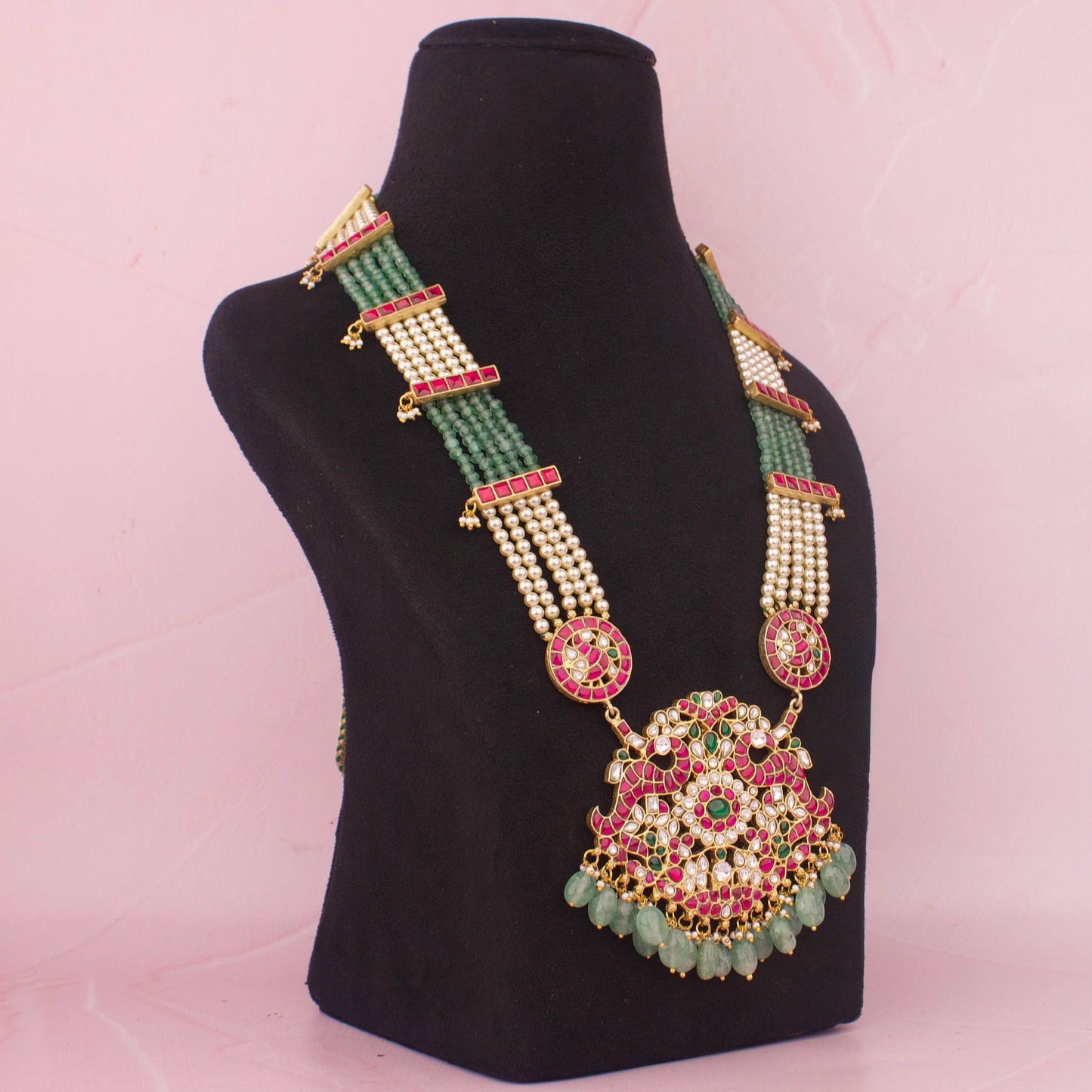 Grand Bridal Jadau Kundan Beads Mala With Side Locket