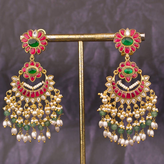 Floral Studded Jadau Kundan Bridal Guttapusalu Hanging Chandbali Earrings