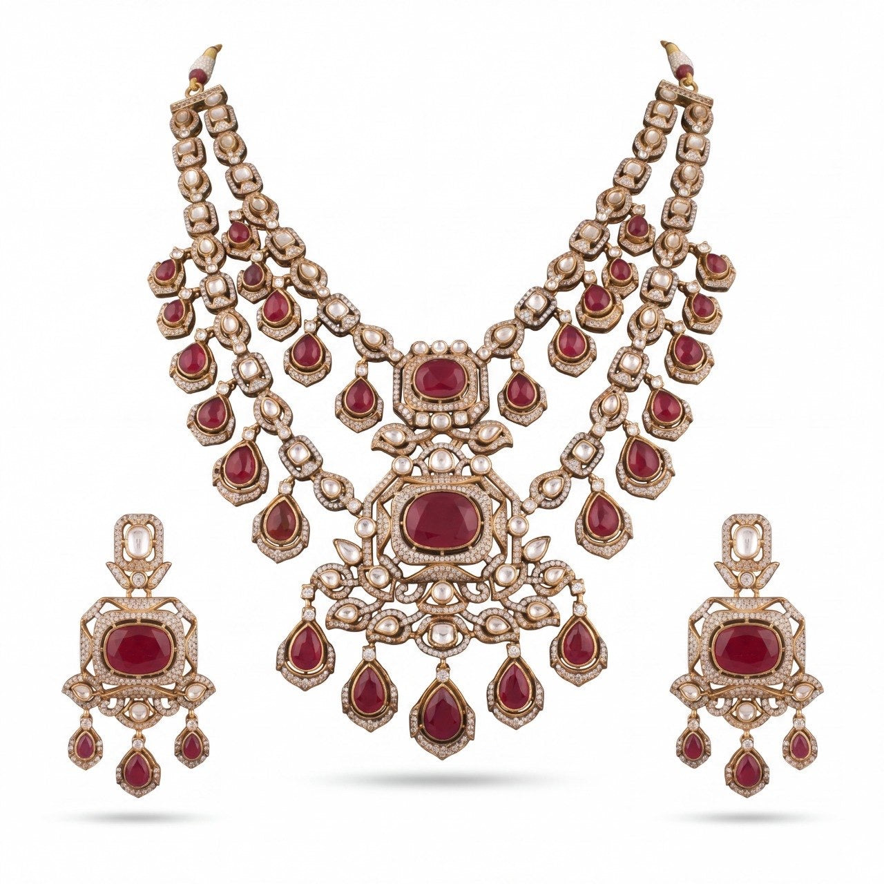 Bridal Victorian Finish Polki Necklace With Matching Earrings