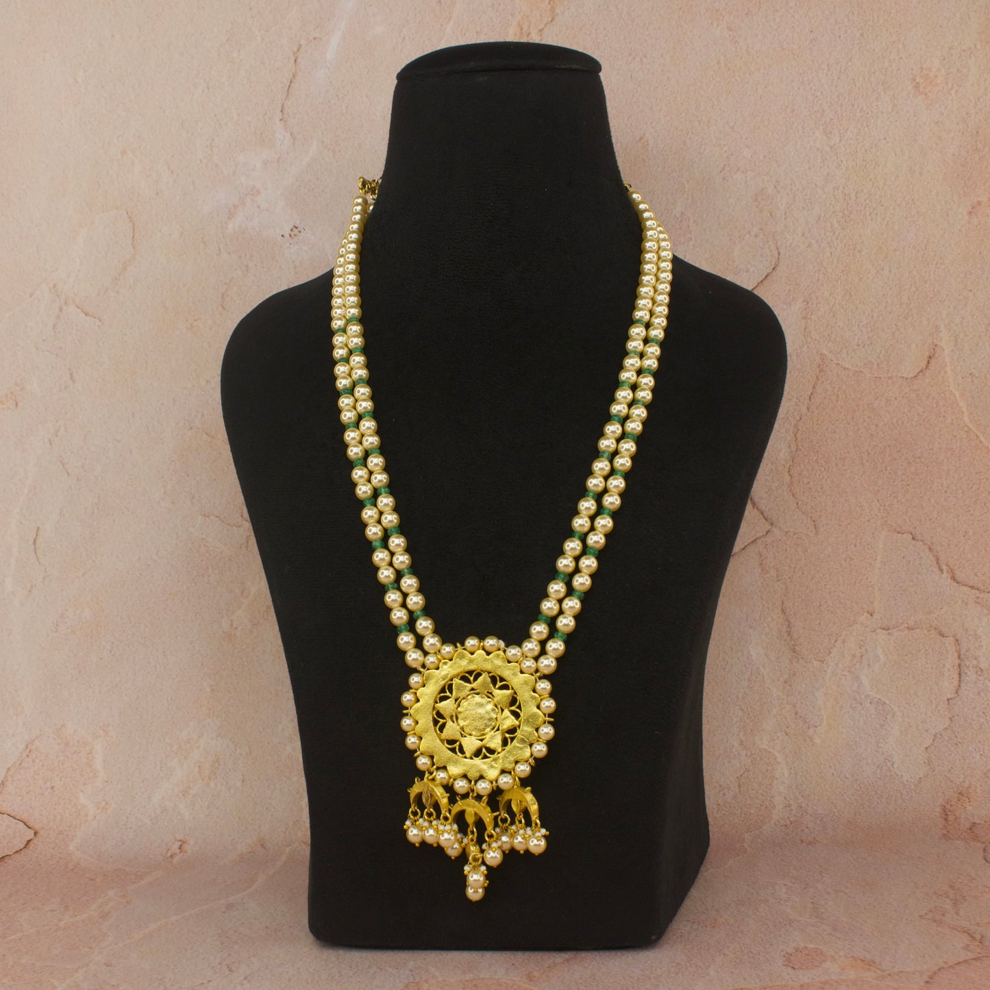 Elegant Jadau Kundan Beads Mala with Pearl and Green Beads