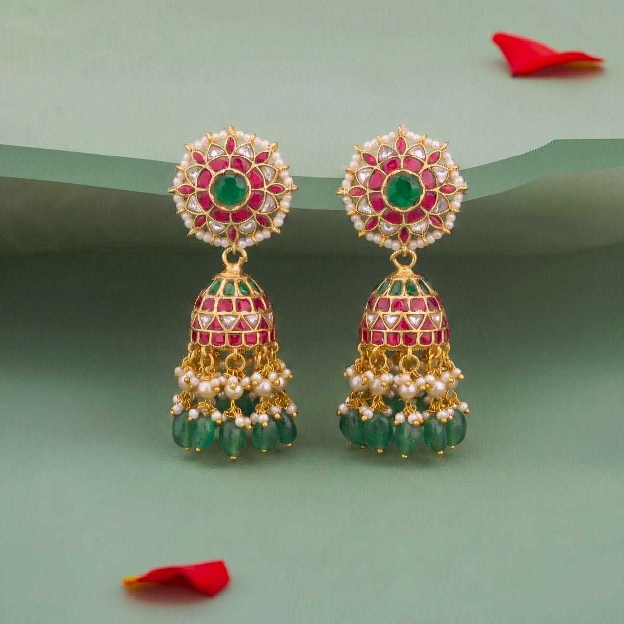 Imperial Floral Kundan Jhumka Earrings With Emerald Drops