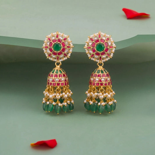 Imperial Floral Kundan Jhumka Earrings With Emerald Drops