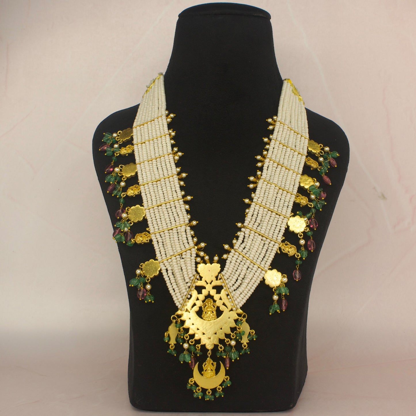 Elegant Jadau Kundan Pearl Mala Set with side lockets with 22k gold plating