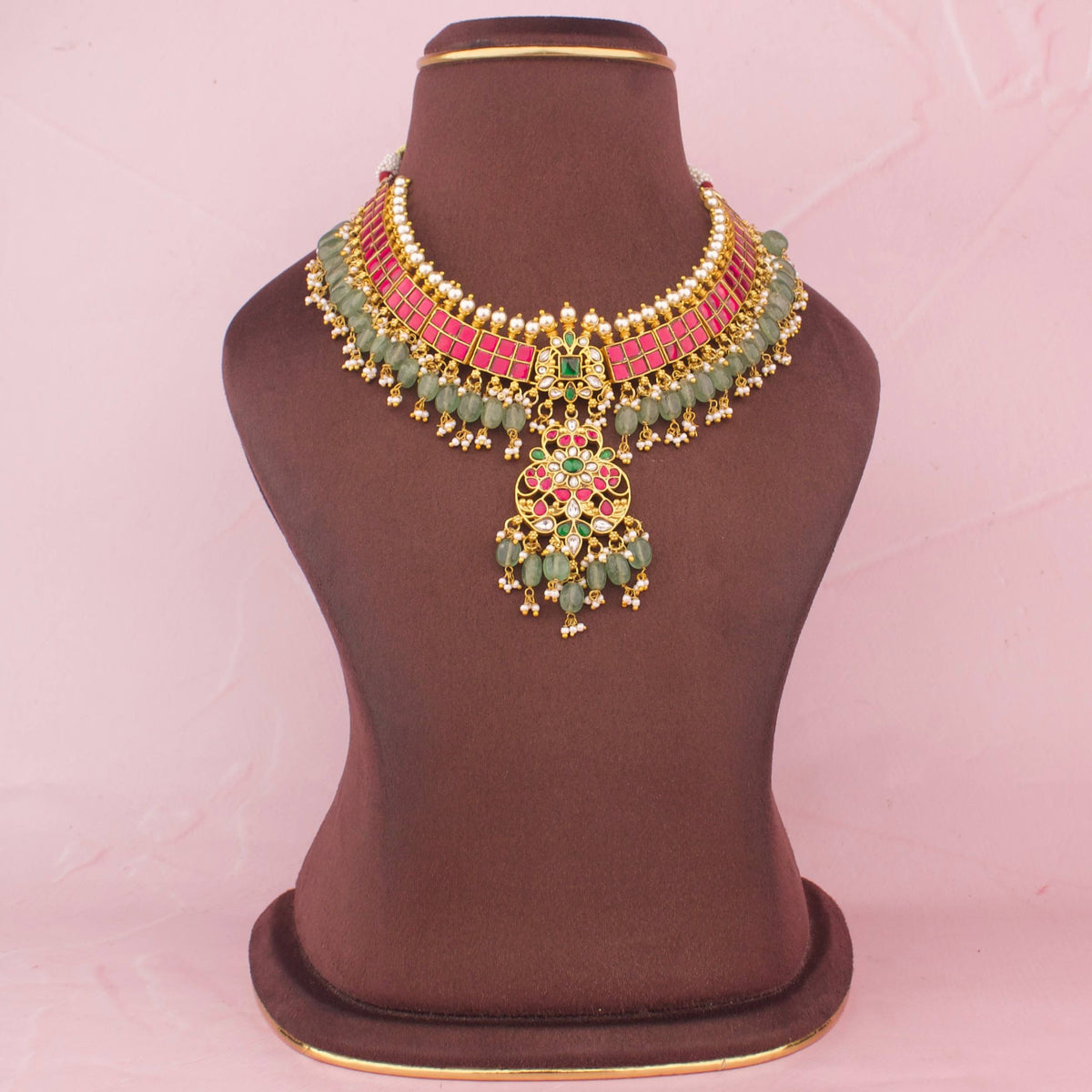 Gold Style Jadau Kundan Necklace With Green Drops