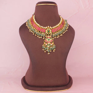 Gold Style Jadau Kundan Necklace With Green Drops