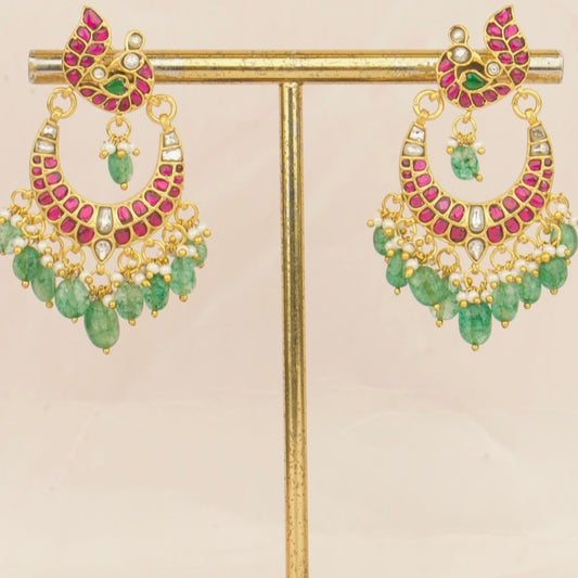 Peacock Studded Jadau Kundan Chandbali Earrings WIth Green Beads As Hangings