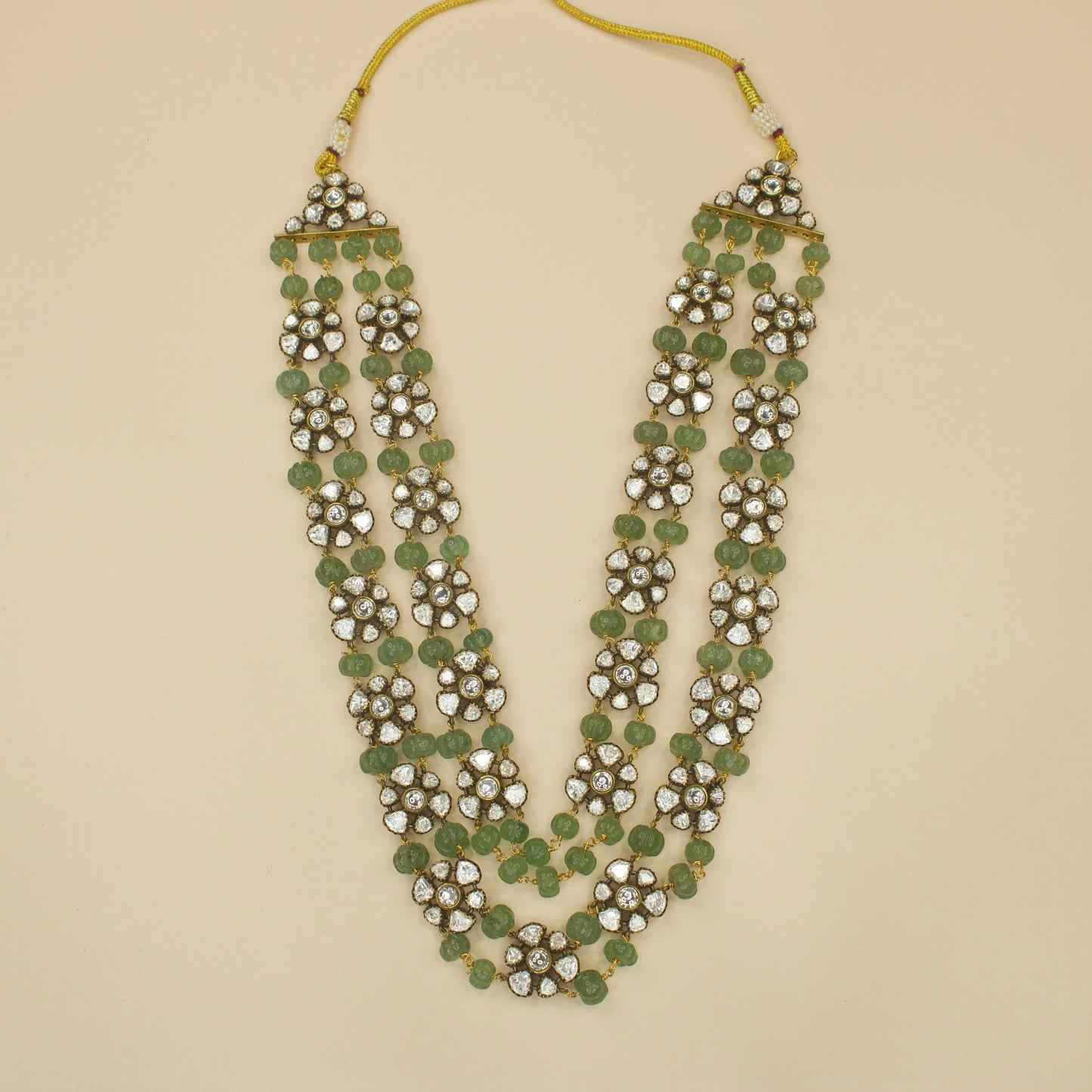 Traditional Victorian Layered Necklace with Polki stones & Beads. Apt for weddings and cultural events. Available in a green colour variant!