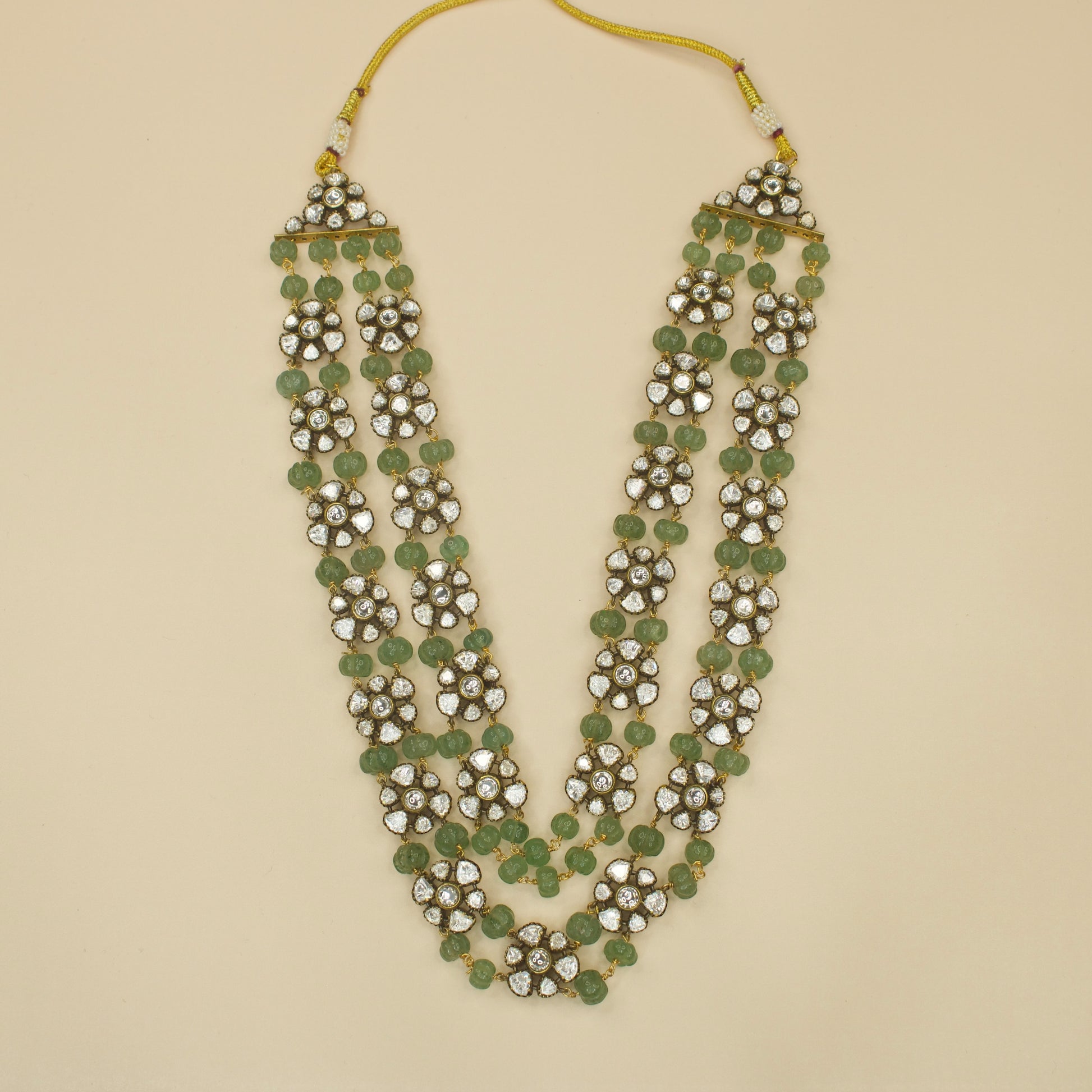 Traditional Victorian Layered Necklace with Polki stones & Beads. Apt for weddings and cultural events. Available in a green colour variant!