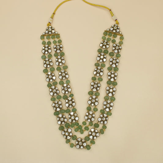 Traditional Victorian Layered Necklace with Polki stones & Beads. Apt for weddings and cultural events. Available in a green colour variant!