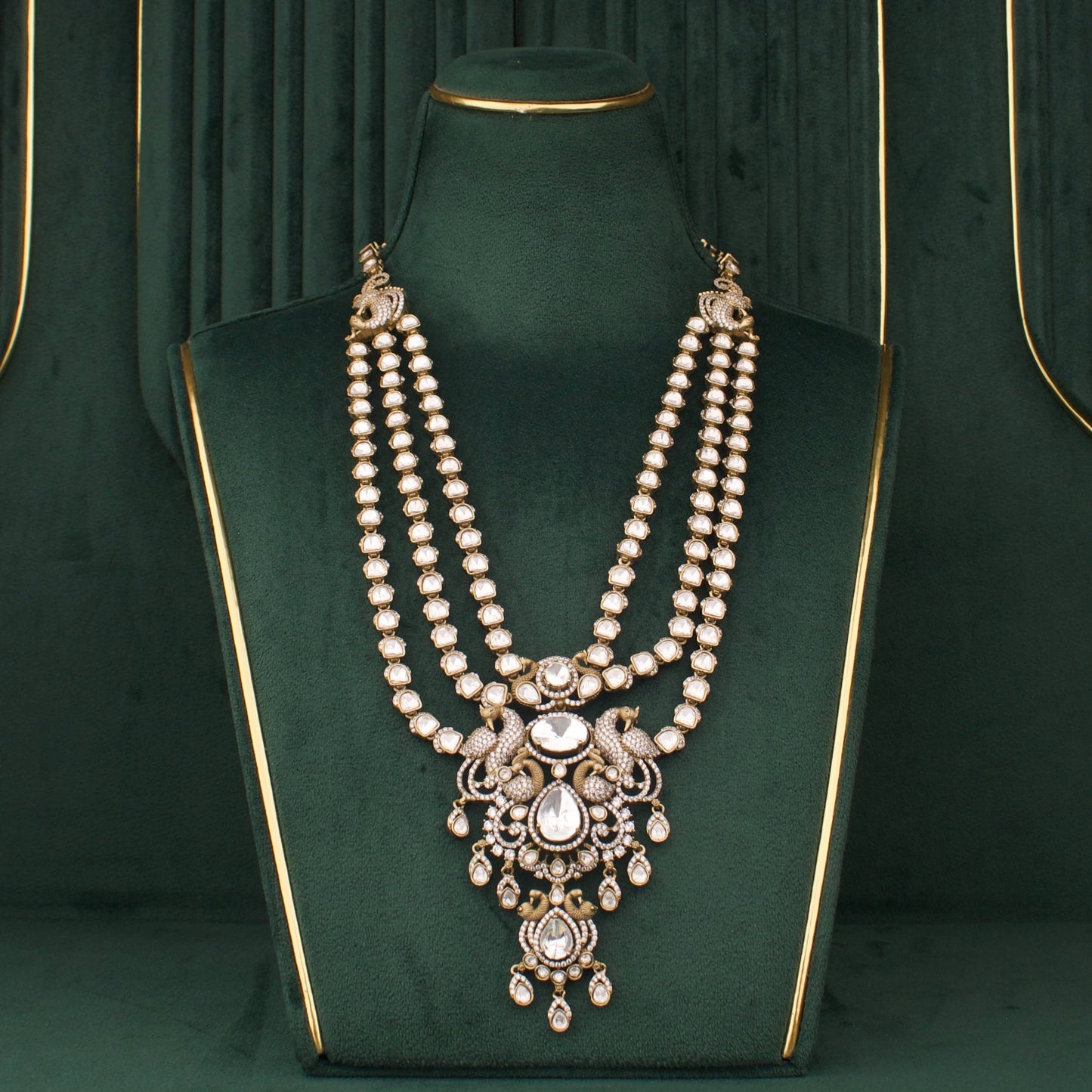 Designer Triple Layer Victorian Polki Necklace With Earrings