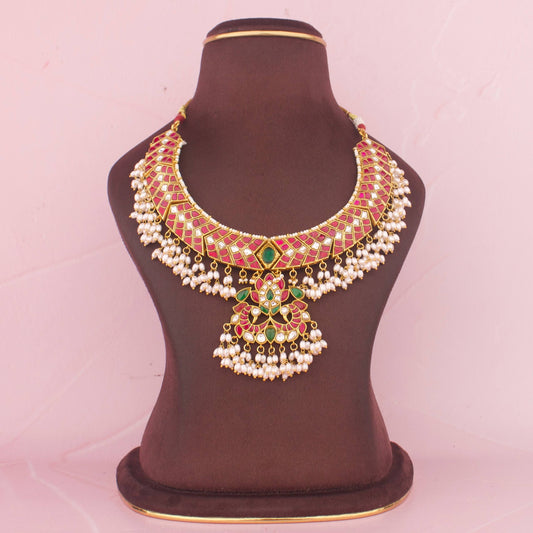 Royal Jadau Kundan Short Necklace With Peacock Locket And Pearl Drops