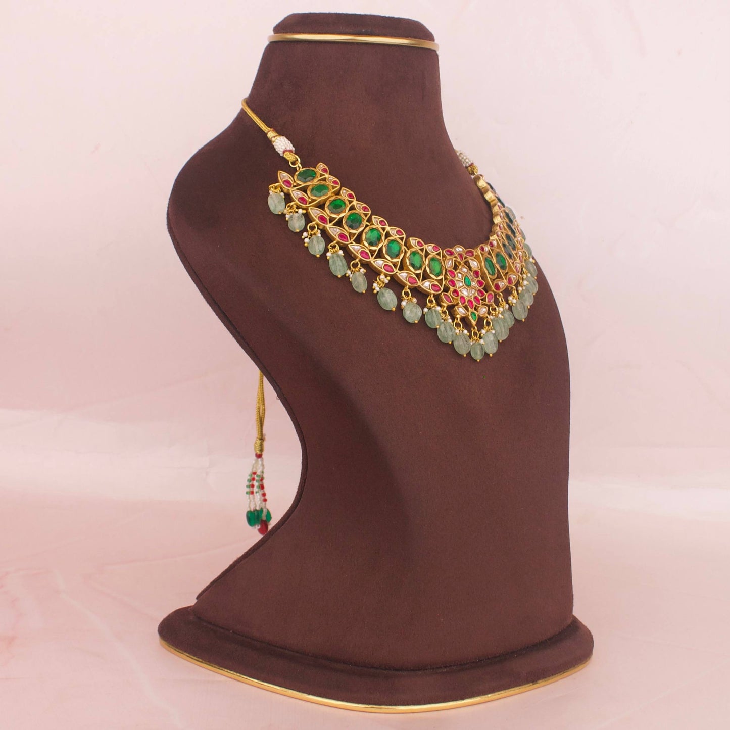 Royal Elegance Design Jadau Kundan Short Necklace with Green Beads