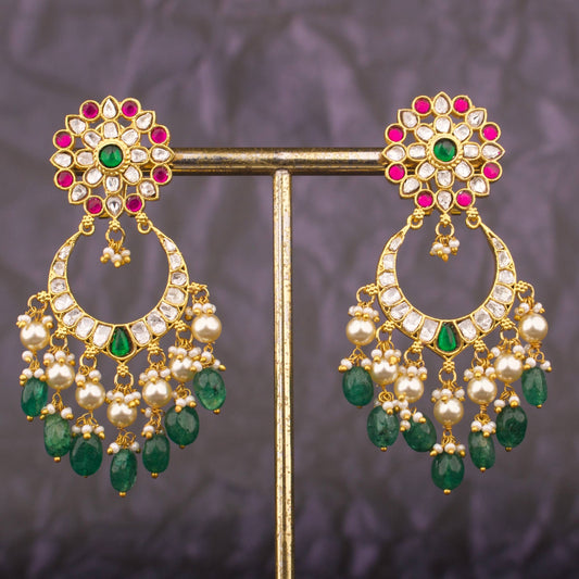 Jadau Kundan Chandbali Earrings With Floral Stud