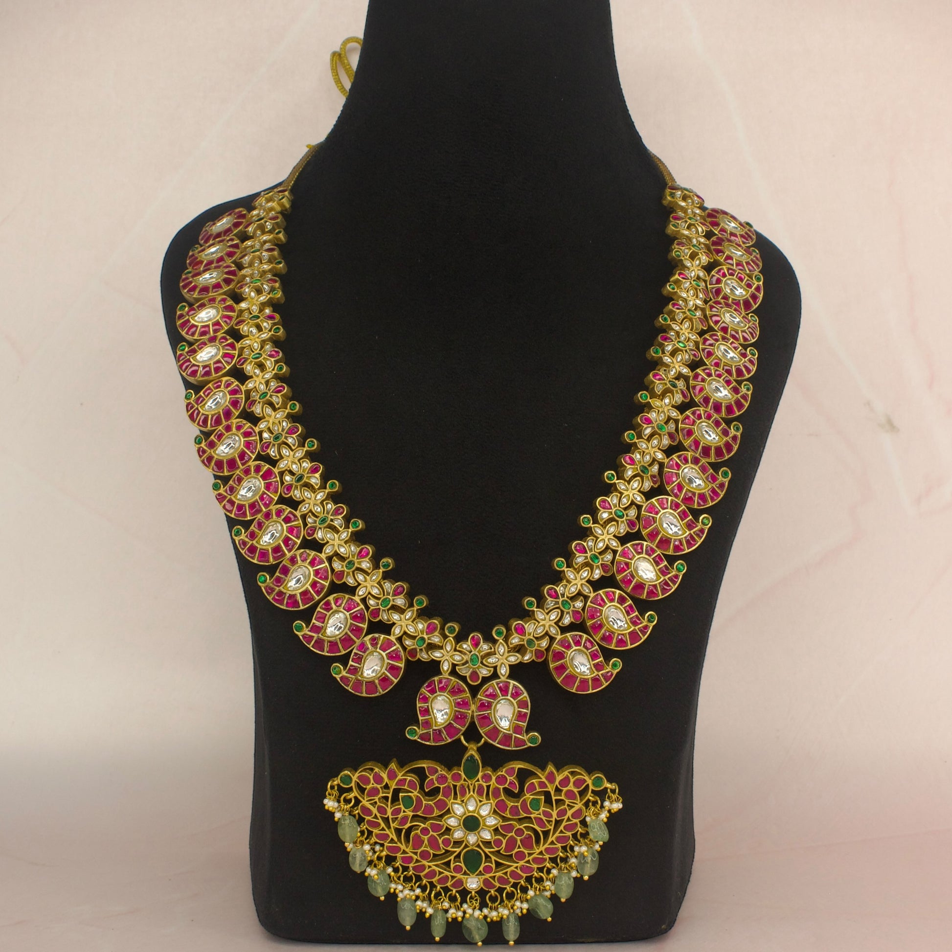 Ruby emerald  long mango haram in jadau kundanwith 22k gold plating