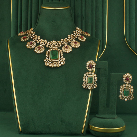 Squared Design Fusion Kundan & Polki Victorian Short Necklace with Earrings