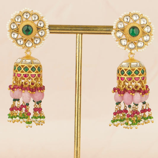 Royal Elegance Floral Design Jadau Kundan Jhumki Pink Beads