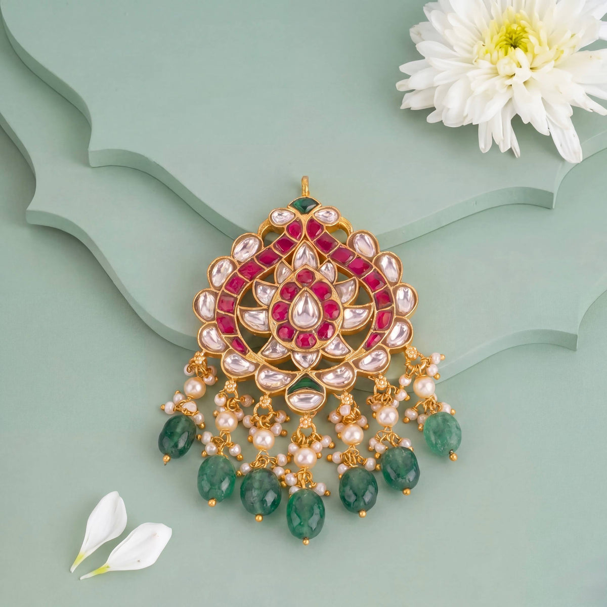 Classy Jadau Kundan Pendant With Emerald Drops - Handcrafted Indian Bridal Jewelry by Dulhan Jewels