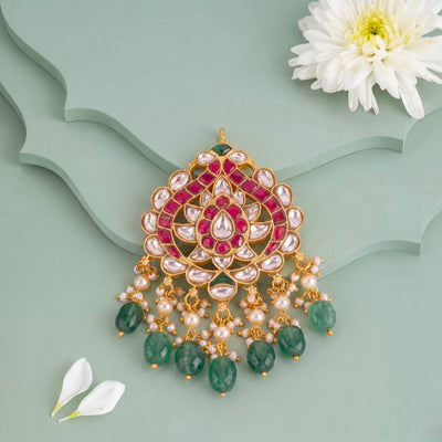 Classy Jadau Kundan Pendant With Emerald Drops