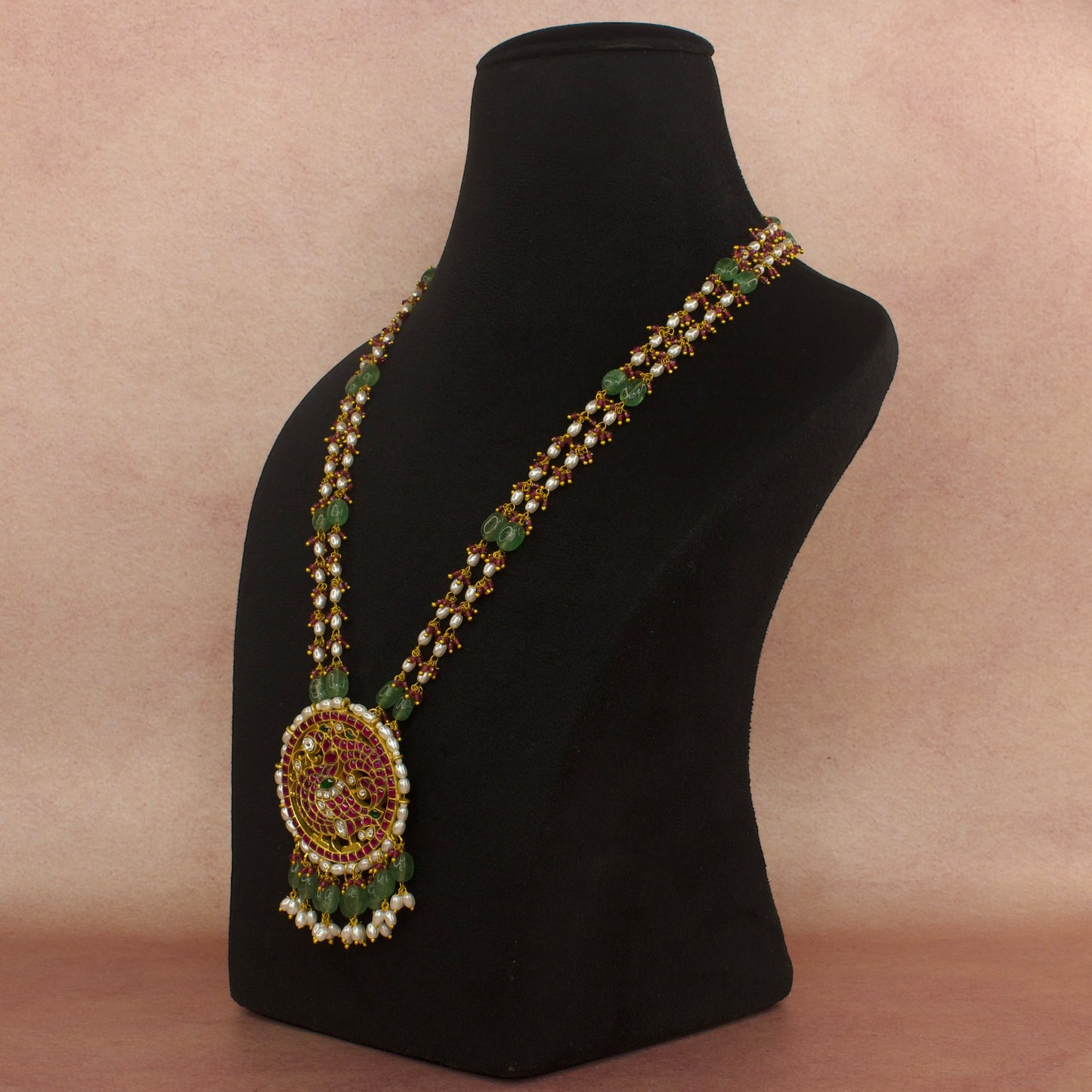 Regal Jadau Kundan Peacock Pendant Beads Mala with 22k Gold plating