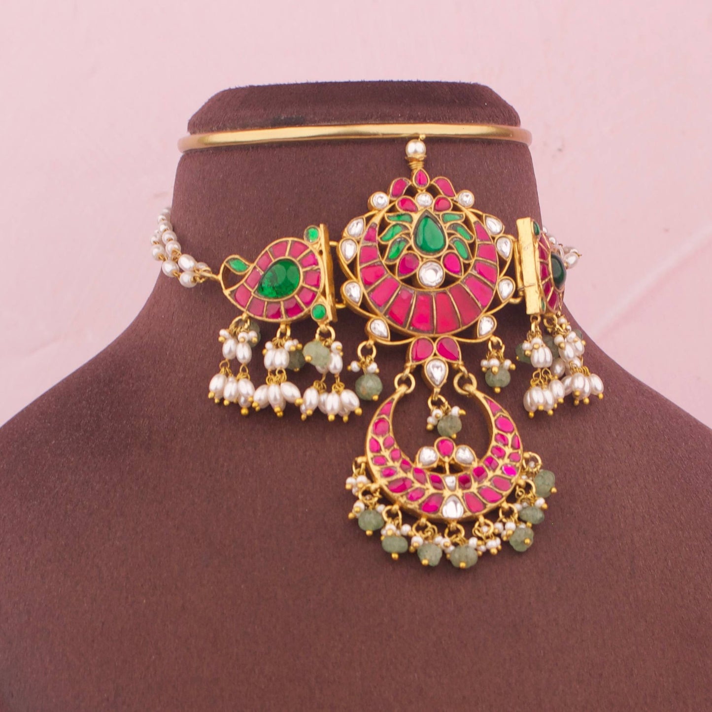 Bridal Jadau Kundan Chand Locket Choker With RicePearl Chain