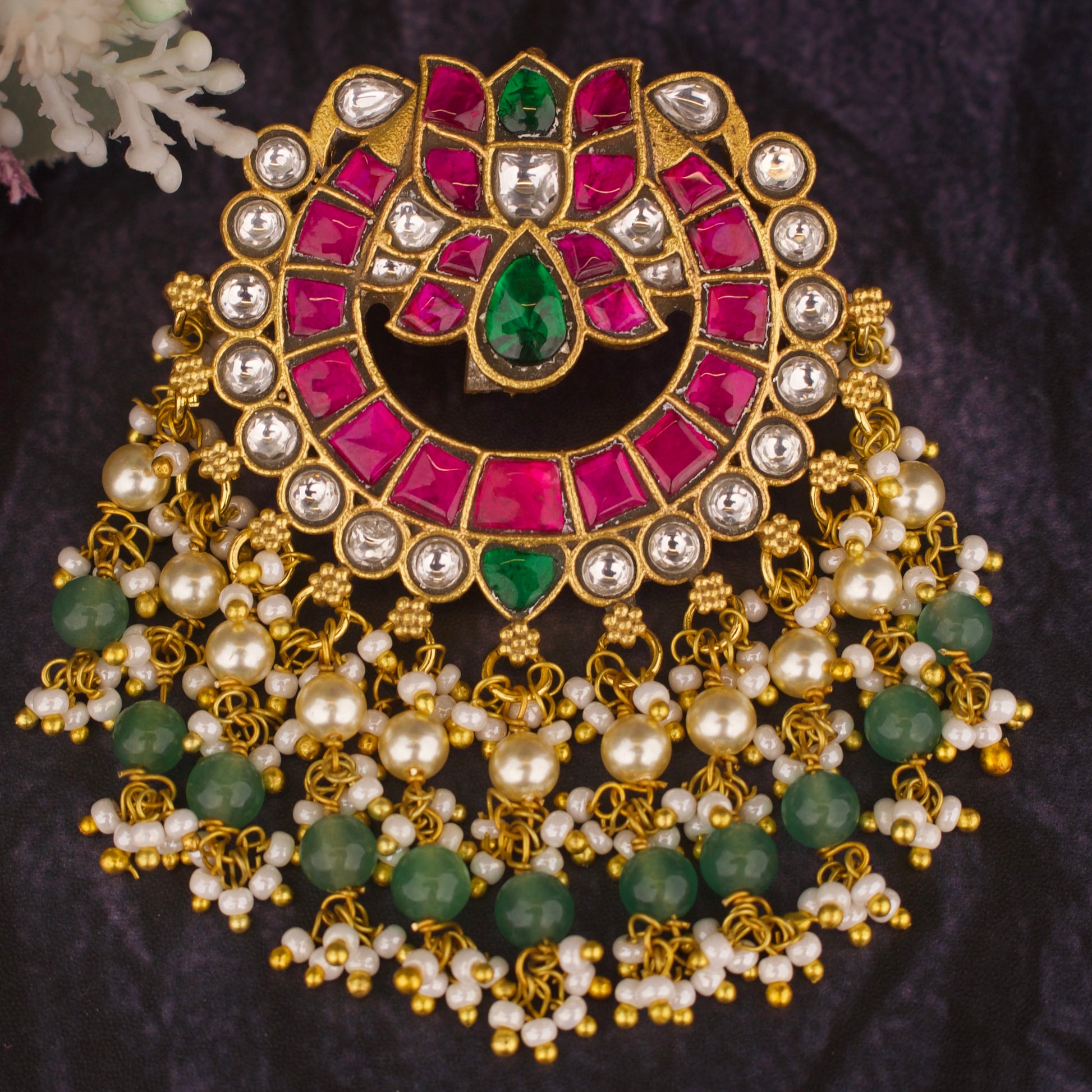 Majestic Jadau Kundan Locket with Guttapusalu Hangings - DULHAN JEWELS