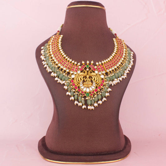 South Indian Style Jadau Kundan Necklace With Pearl Drops