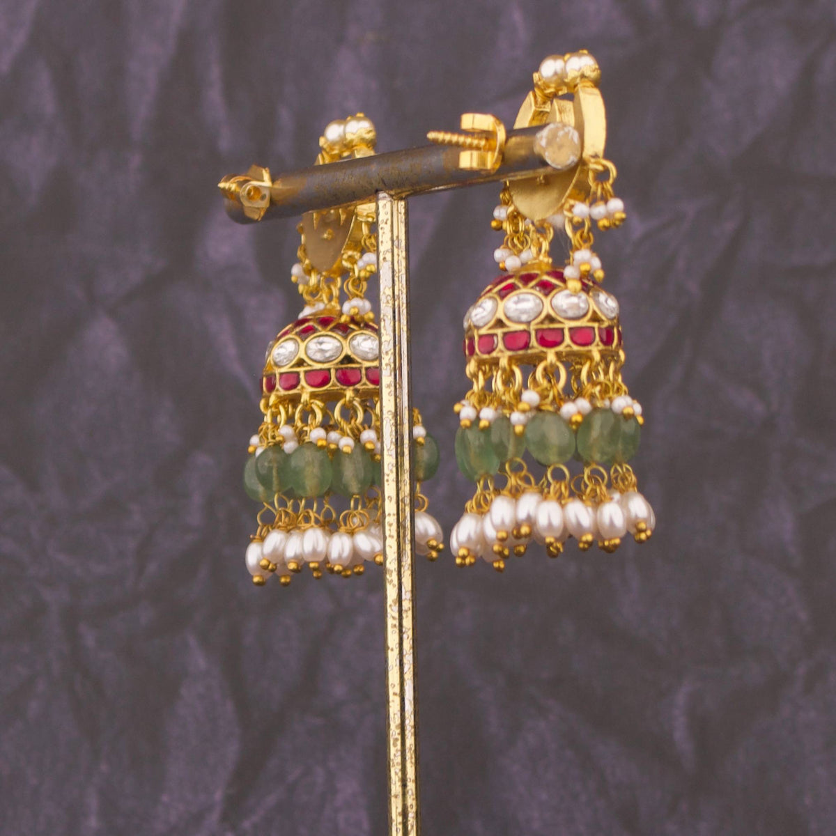 Chand Studded Jadau Kundan Jhumka Earrings Craftsmanship & Detail View - Dulhan Jewels