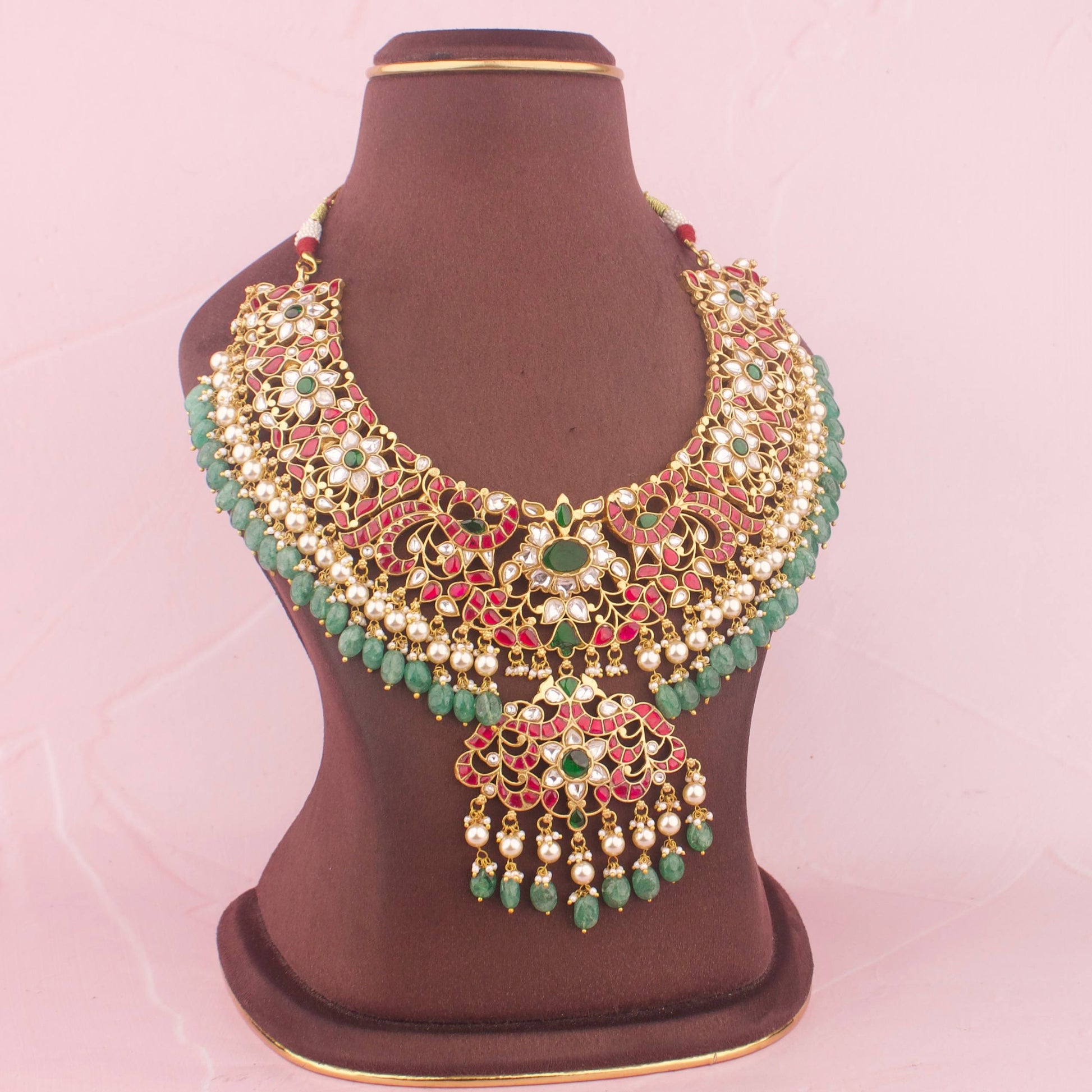 Regal Jadau Kundan Peacock Design Necklace With Emerald Beads Craftsmanship & Detail View - Dulhan Jewels