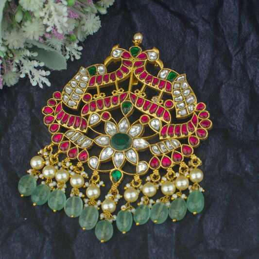Jadau Kundan Locket With Floral Peacock Design With Swarovski Pearl Hanging - DULHAN JEWELS