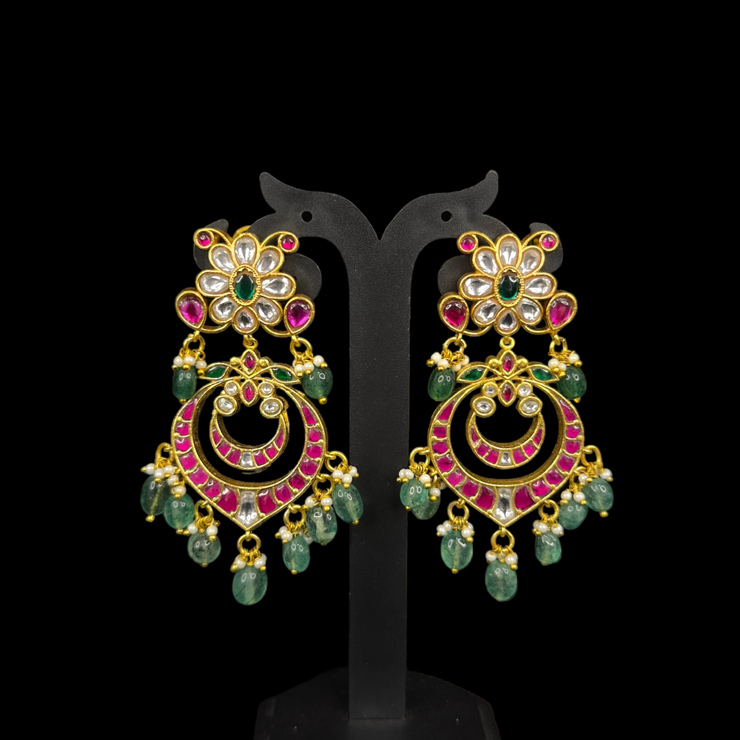 Emerald Petal Jadau Kundan Chandbali Earrings