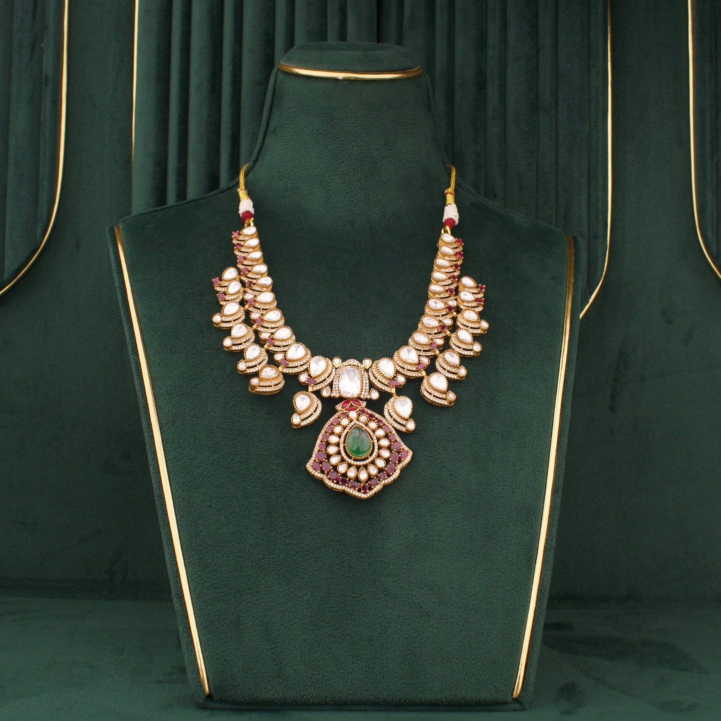 Victorian Polki Necklace Set With Green Pendant And Matching Earrings