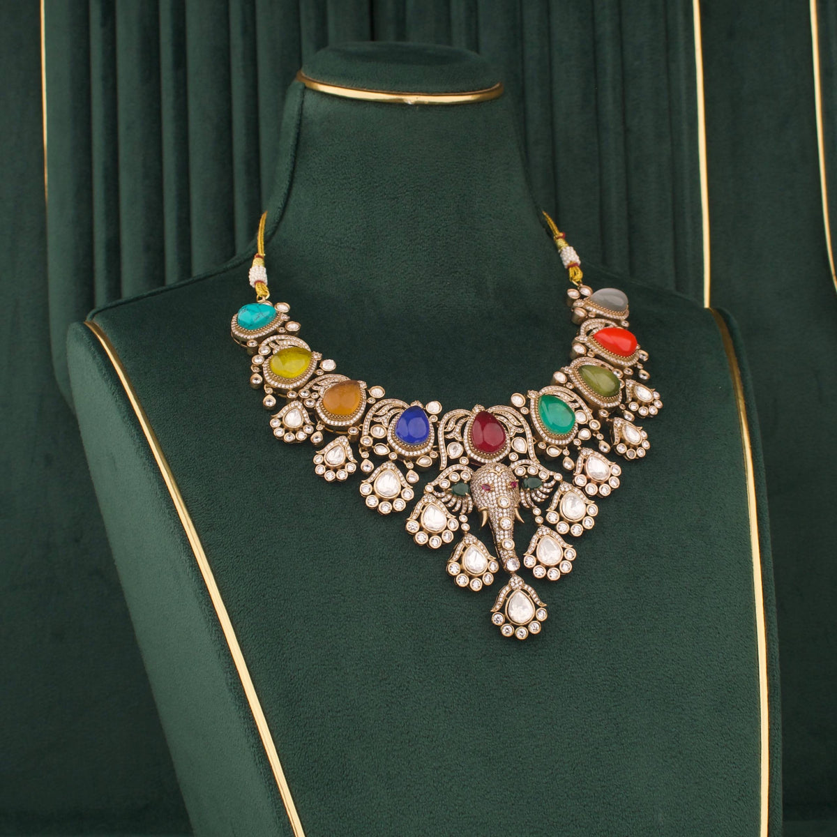 Navratan Victorian Polki Necklace Set With Matching Earrings Close-up Design & Gemstone Detailing - Dulhan Jewels