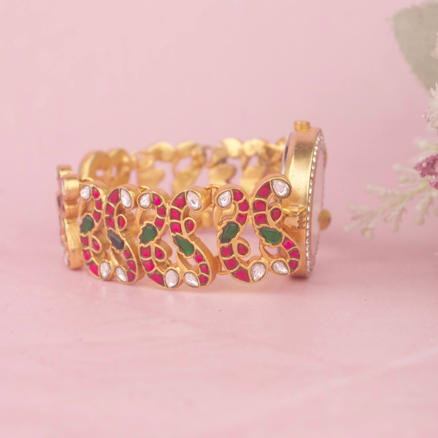 Designer Jadau Kundan Peacock Bracelet Watch