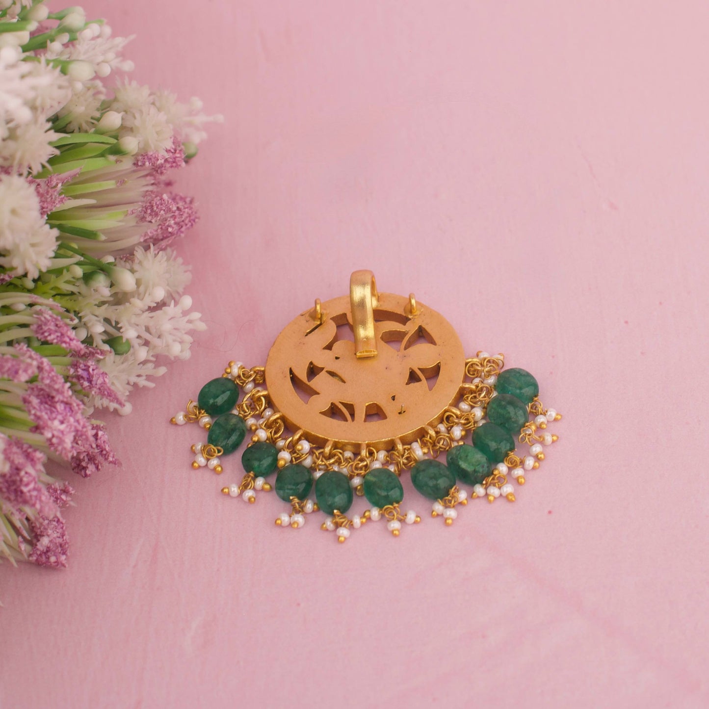 Heritage Royal Jadau Kundan Peacock Design Pendant With Emerald Hangings