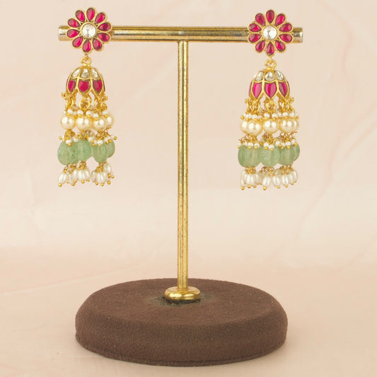 Exquisite Jadau Kundan Floral Design Earrings  with Swarovski Ricepearl Hangings